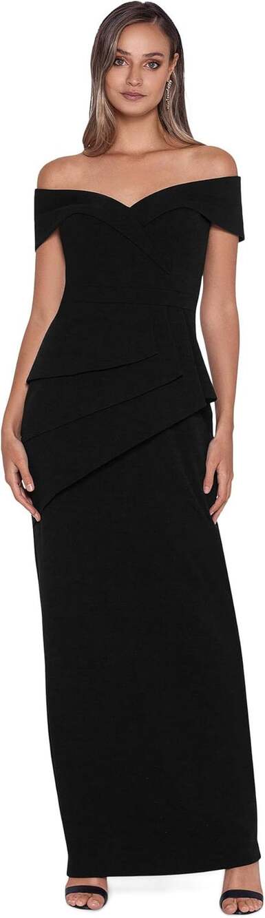 Xscape Women's 6 Black Scuba Crepe Peplum Off Shoulder Evening Maxi Dress J18-17
